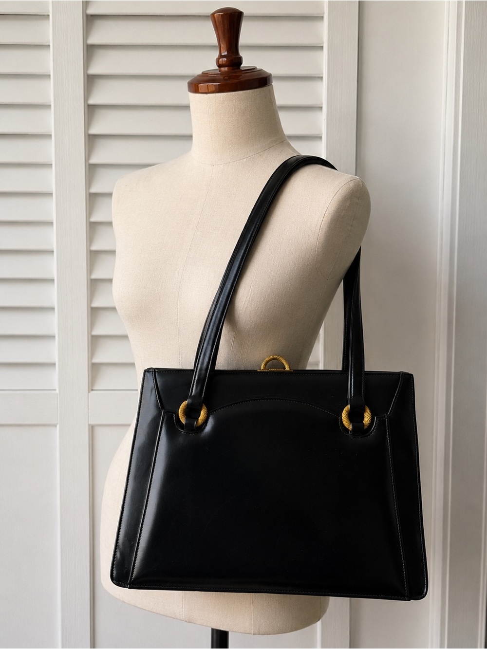 Vtg 1950s Lester Bags Madison Ave NY Black Structured Top Handle Handbag Purse